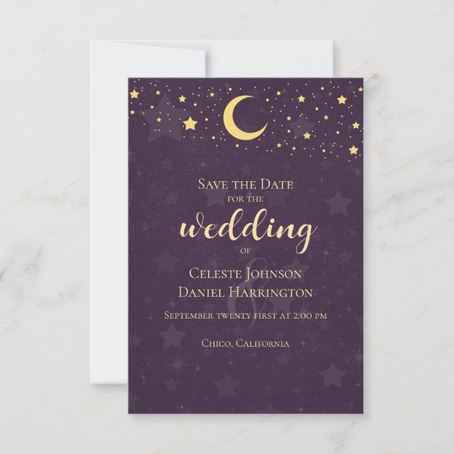 Reserva La Fecha Boda Celestial Estrellas Profundas Purpura Luna (Anverso)