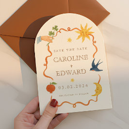 Reserva La Fecha Boda Celestial Folk pintado a mano y caprichoso