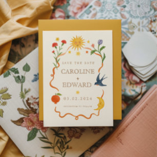 Reserva La Fecha Boda Celestial Folk pintado a mano y caprichoso