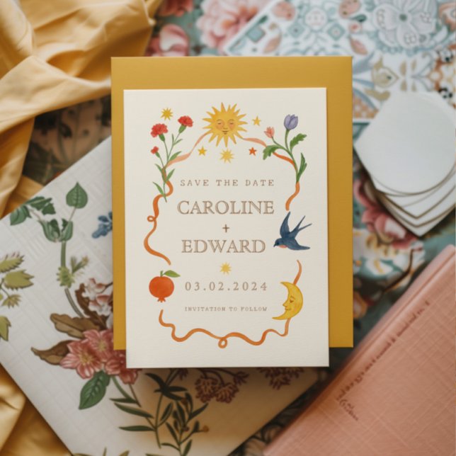 Reserva La Fecha Boda Celestial Folk pintado a mano y caprichoso (Subido por el creador)