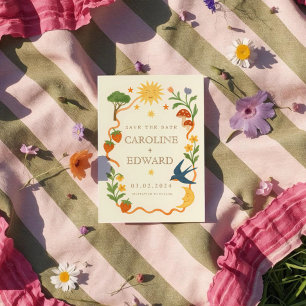 Reserva La Fecha Boda Celestial Folk pintado a mano y caprichoso