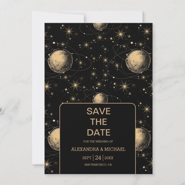Reserva La Fecha Boda Celestial Galaxia de Oro Negro Místico (Anverso)