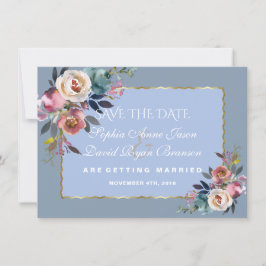 Reserva La Fecha Boda Charm Dusty Blue Misty Rose Marco de Oro Rosa