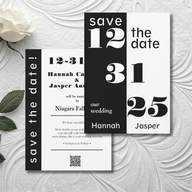 Reserva La Fecha Boda Chic de Año Nuevo en Blanco y Negro (Bold and Modern Chic Save the Date for a New Year's Eve Wedding)