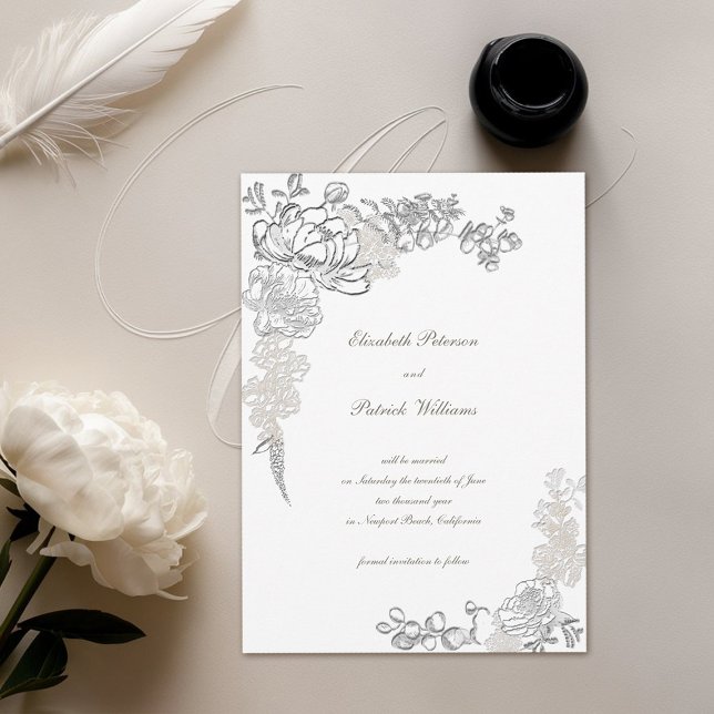Reserva La Fecha Boda Chic Marfil Caligrafía Peonía Realzada Falsa (formal traditional elegant calligraphy wedding save the date  faux embossed peony ivory classic)