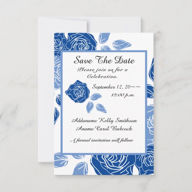 Reserva La Fecha Boda Chic Simple Rosa Floral Azul (Anverso)