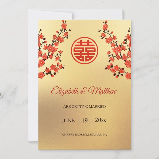 Reserva La Fecha Boda China Doble Felicidad Flor de Cerezo (Anverso)