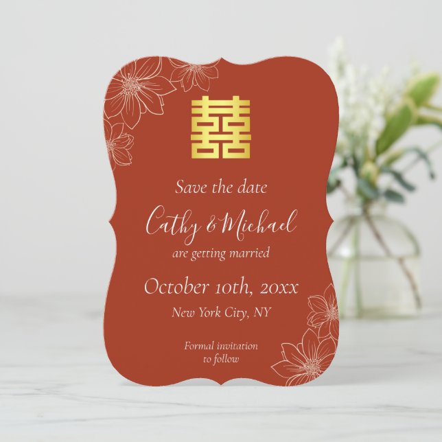 Reserva La Fecha Boda china floral moderna roja boho (Anverso de pie)
