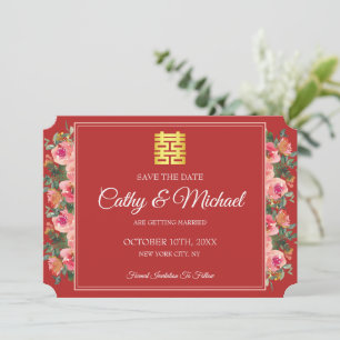 Reserva La Fecha Boda china moderna floral peonía roja