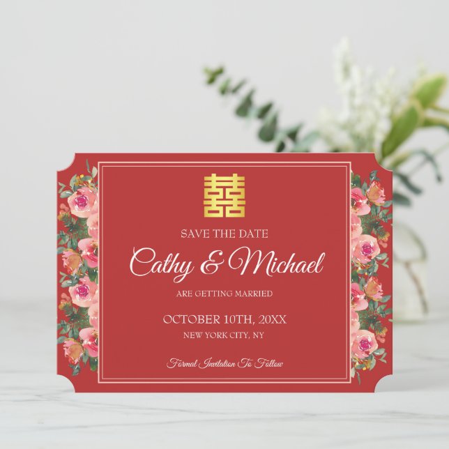 Reserva La Fecha Boda china moderna floral peonía roja (Anverso de pie)