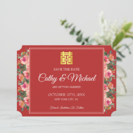 Reserva La Fecha Boda china moderna floral rosa roja peonía