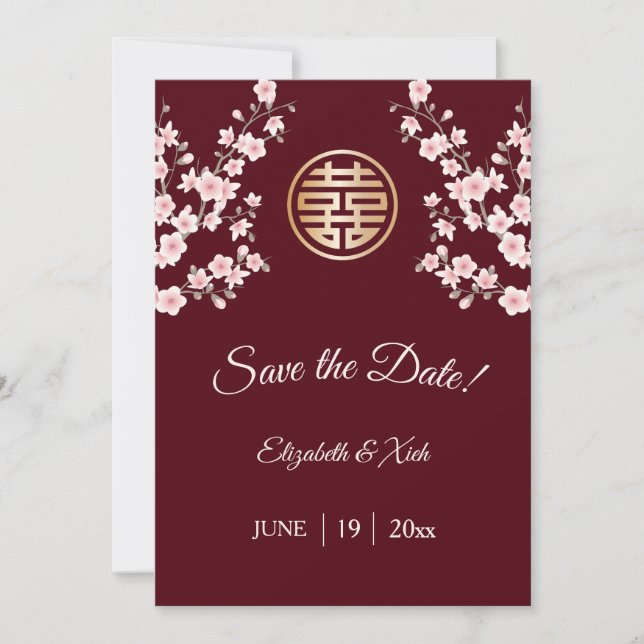 Reserva La Fecha Boda chino con flores de cerezo rosado (Anverso)