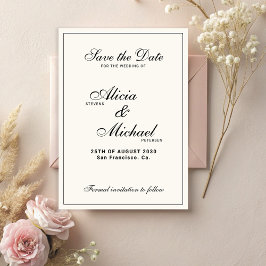 Reserva La Fecha Boda clásica formal elegante de negro y marfil