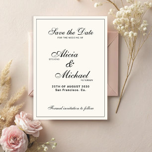 Reserva La Fecha Boda clásica formal elegante de negro y marfil