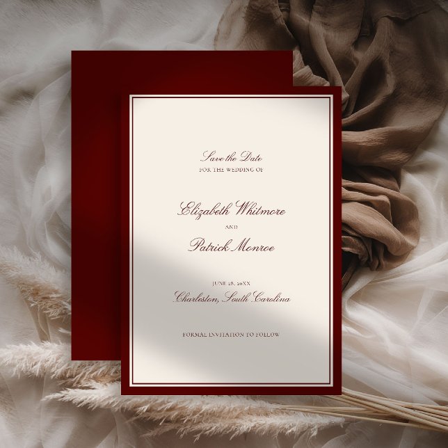 Reserva La Fecha Boda Clásica Moderna Formal de Profundo Burdeos (deep burgundy wedding save the date quiet luxury old money formal modern classic estate royal statel)