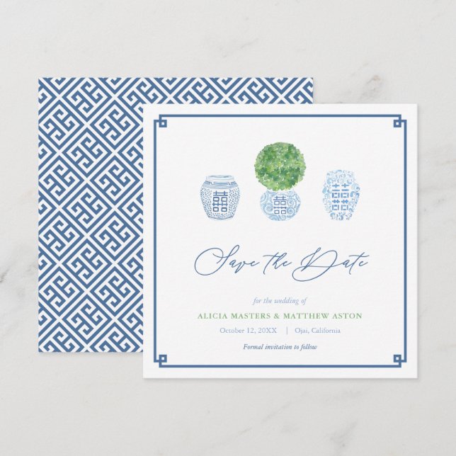 Reserva La Fecha Boda clásico de Boxwood Ginger Jar azul y verde (Anverso / Reverso)