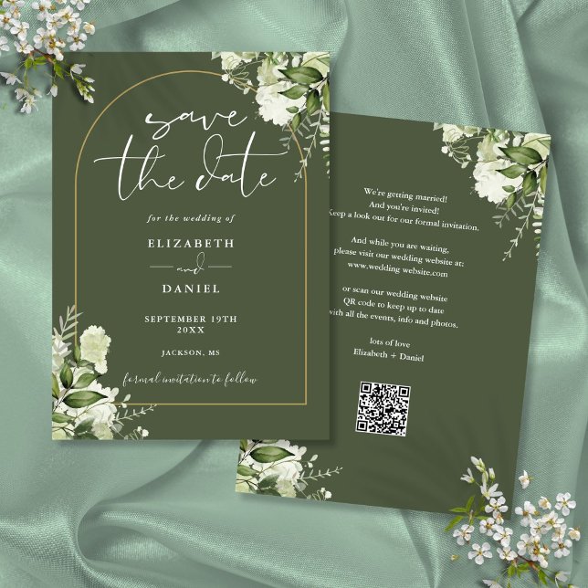 Reserva La Fecha Boda Código QR Arco Dorado Verde Oliva Vegetación (Olive Green Greenery Gold Arch QR Code Wedding Save The Date)