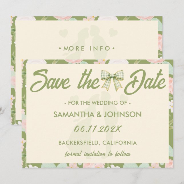 Reserva La Fecha Boda Código QR con Lazo de Gingham Verde Wildflowe (Anverso / Reverso)