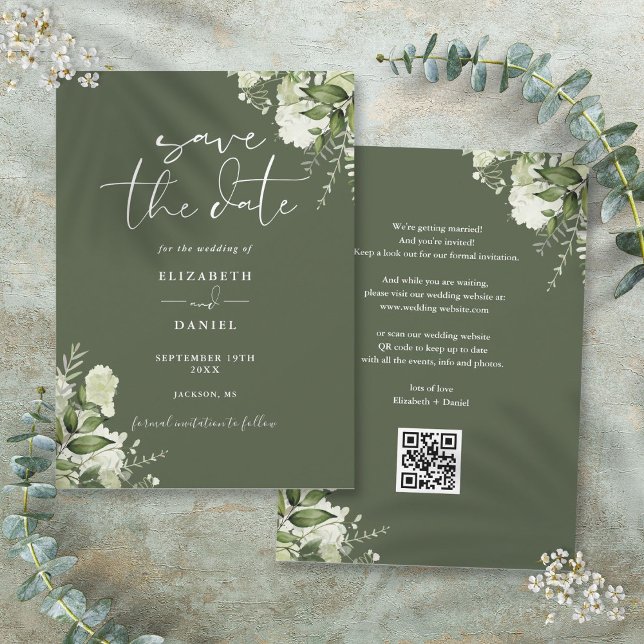 Reserva La Fecha Boda Código QR de Floristería Verde Oliva (Olive Green Floral Greenery QR Code Wedding Save The Date)