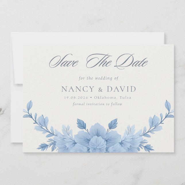 Reserva La Fecha Boda Código Qr Floral Azul Polvo  (Anverso)