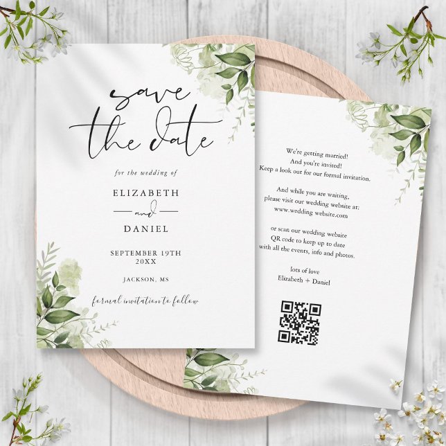 Reserva La Fecha Boda Código QR Floral Verde Rustico (Rustic Greenery Floral QR Code Wedding Save The Date)