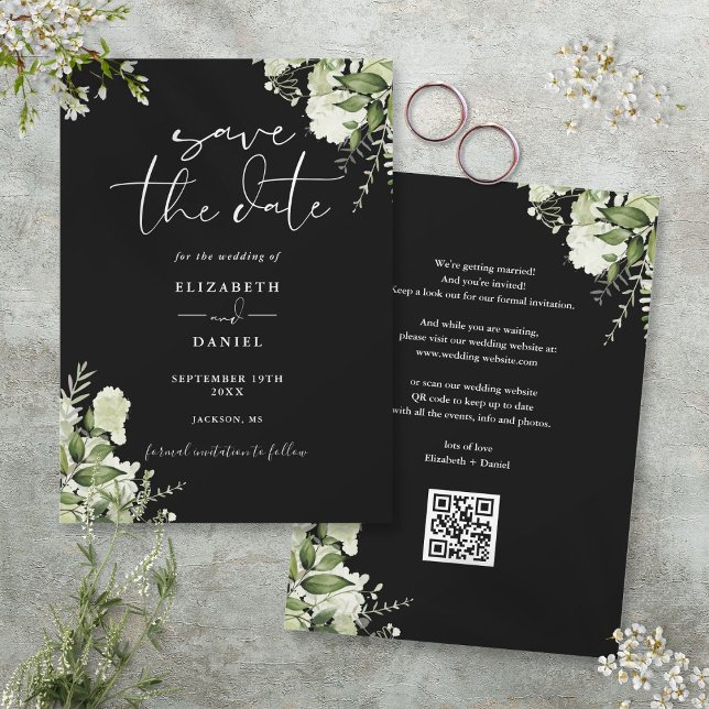 Reserva La Fecha Boda Código QR Floral Verde y Blanco y Negro (Black And White Greenery Floral QR Code Wedding Save The Date)