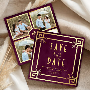 Reserva La Fecha Boda Collage Fotográfico Art Déco Dorado Púrpura C