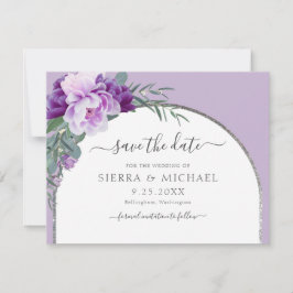 Reserva La Fecha Boda con Arco Plateado Floral Morado Elegante Chic