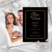 Boda con arte deco de escritura en negro y dorado