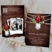 Boda con código QR de madera floral rojo borgoña
