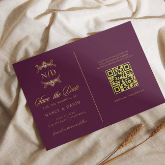 Reserva La Fecha Boda con código QR de monograma en color burgundy 