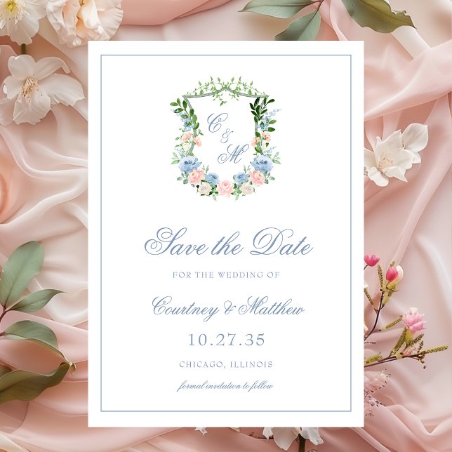 Reserva La Fecha Boda con Cresta Floral Azul Polvoriento (Subido por el creador)