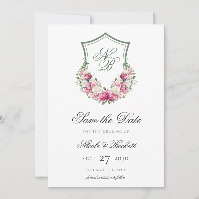 Reserva La Fecha Boda con Cresta Floral Rosa (Anverso)