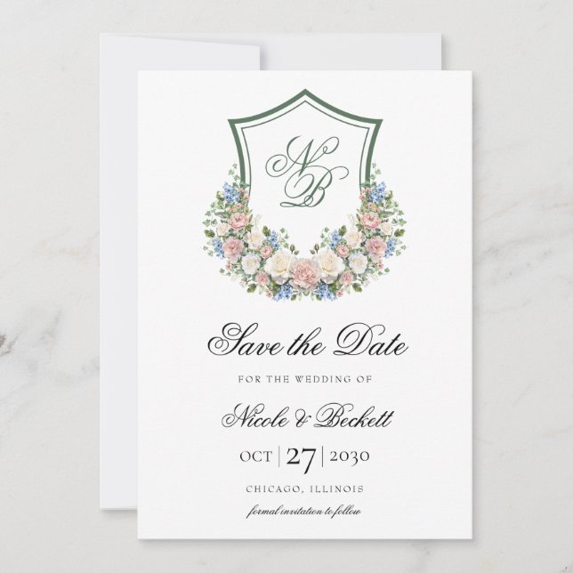 Reserva La Fecha Boda con Escudo Floral Azul Polvoriento (Anverso)