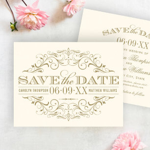Reserva La Fecha Boda con floritura ornamentada de marfil elegante