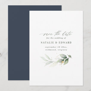 Reserva La Fecha Boda con follaje de acuarela y oro metálico