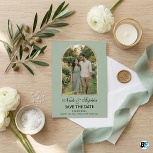 Reserva La Fecha Boda con foto de arco en verde salvia y dorado mod