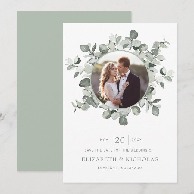 Reserva La Fecha Boda con Foto de Eucalipto Save The Date (Anverso / Reverso)