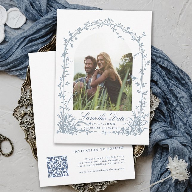 Reserva La Fecha Boda con foto de jardín con arco botánico azul pol (Front & Back)