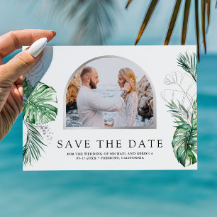 Reserva La Fecha Boda con foto de palma Monstera de plata tropical