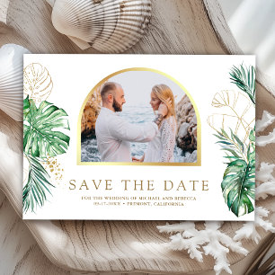 Reserva La Fecha Boda con foto de palma Monstera Tropical Gold