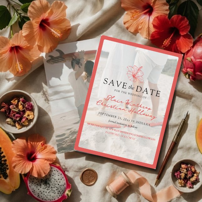 Reserva La Fecha Boda con foto doble de hibisco rosa tropical (Invite guests to your destination wedding day with this Tropical Pink Hibiscus Save the Date!)