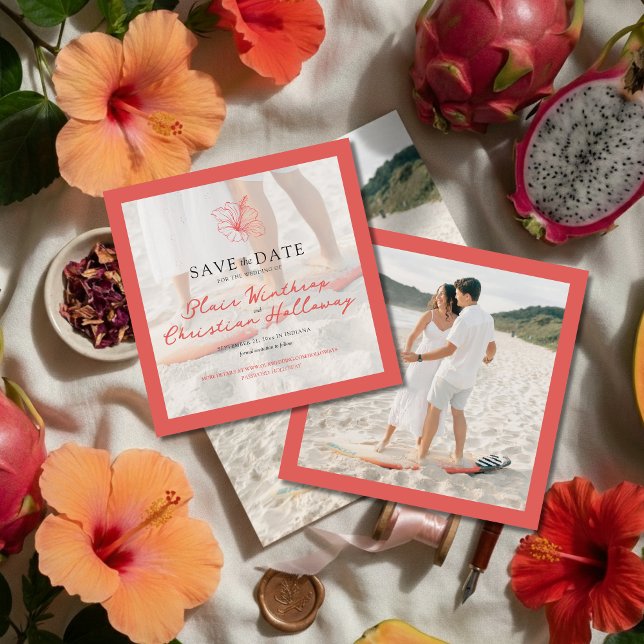 Reserva La Fecha Boda con Foto Doble de Hibisco Rosa Tropical (Invite guests to your destination wedding day with this Tropical Pink Hibiscus Save the Date!)