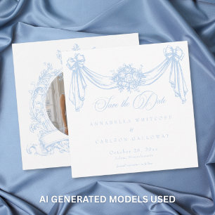 Reserva La Fecha Boda con Foto Elegante Vintage Rococó Azul Francés