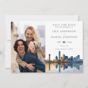 Reserva La Fecha Boda con foto en acuarela del horizonte de Dallas