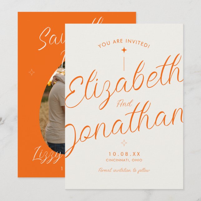 Reserva La Fecha Boda con Foto y Letra Script Moderna Retro Naranja (Anverso / Reverso)