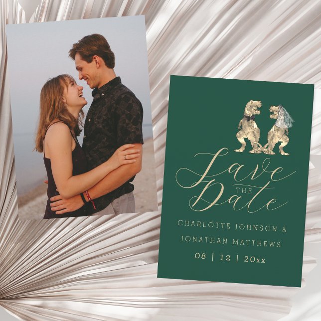 Reserva La Fecha Boda con Fotos Temáticas de Dinosaurios (Elegant minimalist dinosaur wedding save the date portrait photo green invitation)