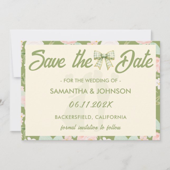 Reserva La Fecha Boda con Lazo de Gingham Verde Flor Silvestre (Anverso)