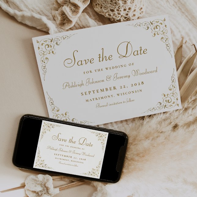 Reserva La Fecha Boda con marco botánico de guión dorado (Subido por el creador)