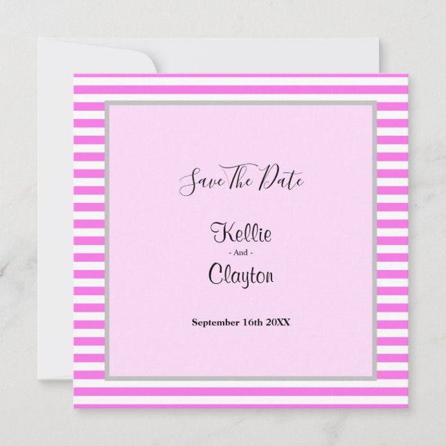 Reserva La Fecha Boda con marco de franjas rosadas/blancas (Anverso)
